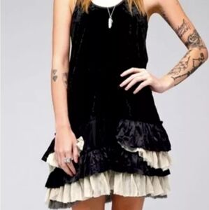 FREE PEOPLE  Small mini black velvet tank dress LBD cream satin ruffles on hem